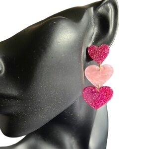 Pink Sparkle Geometric Heart Shape Dangle Pierced Earrings